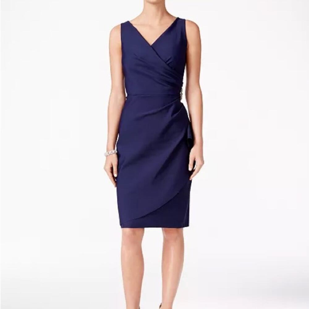 Alex Evenings Compression Embellished Ruched Sheath Dress Navy Women’s Sz 14